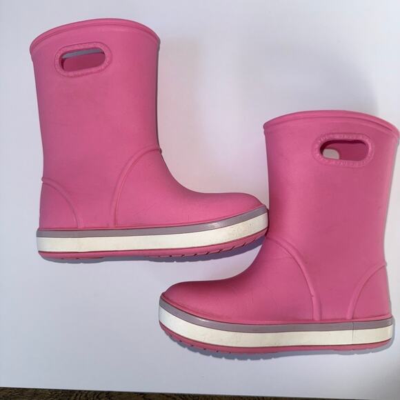 CROCS Pink Rain Boots Kids J 1 play condition dmg - Picture 1 of 12